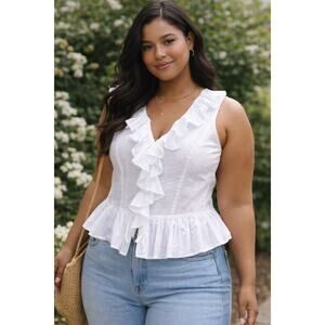 Lauren Ralph Lauren White Eyelet Ruffle Blouse XL Prairie Cottagecore